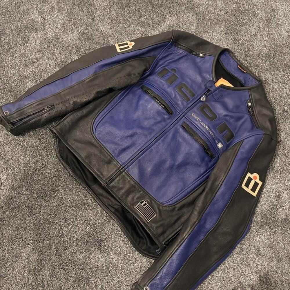 Icon Leather Motorhead Motorcycle Jacket Blue Logo Padded Riding Armor Men's L
